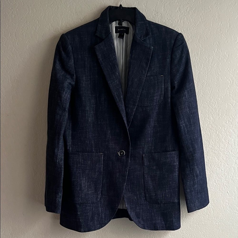 Mango Suit Blazer Classic Dark Blue Chambray Lined Blazer Jacket Size 12